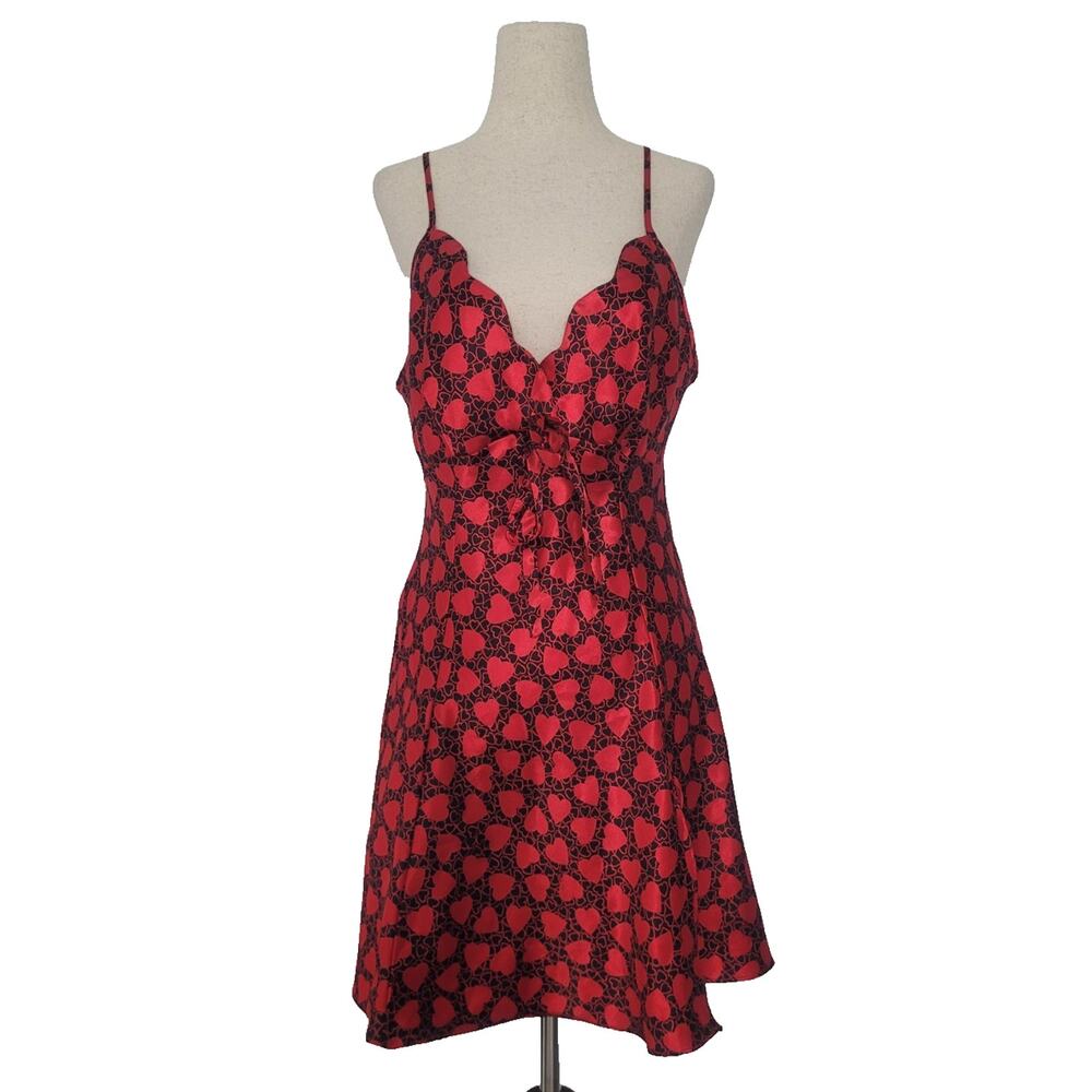 Vintage Y2K Heart Print Satin Babydoll Slip Dress Size S Red Romantic Coquette